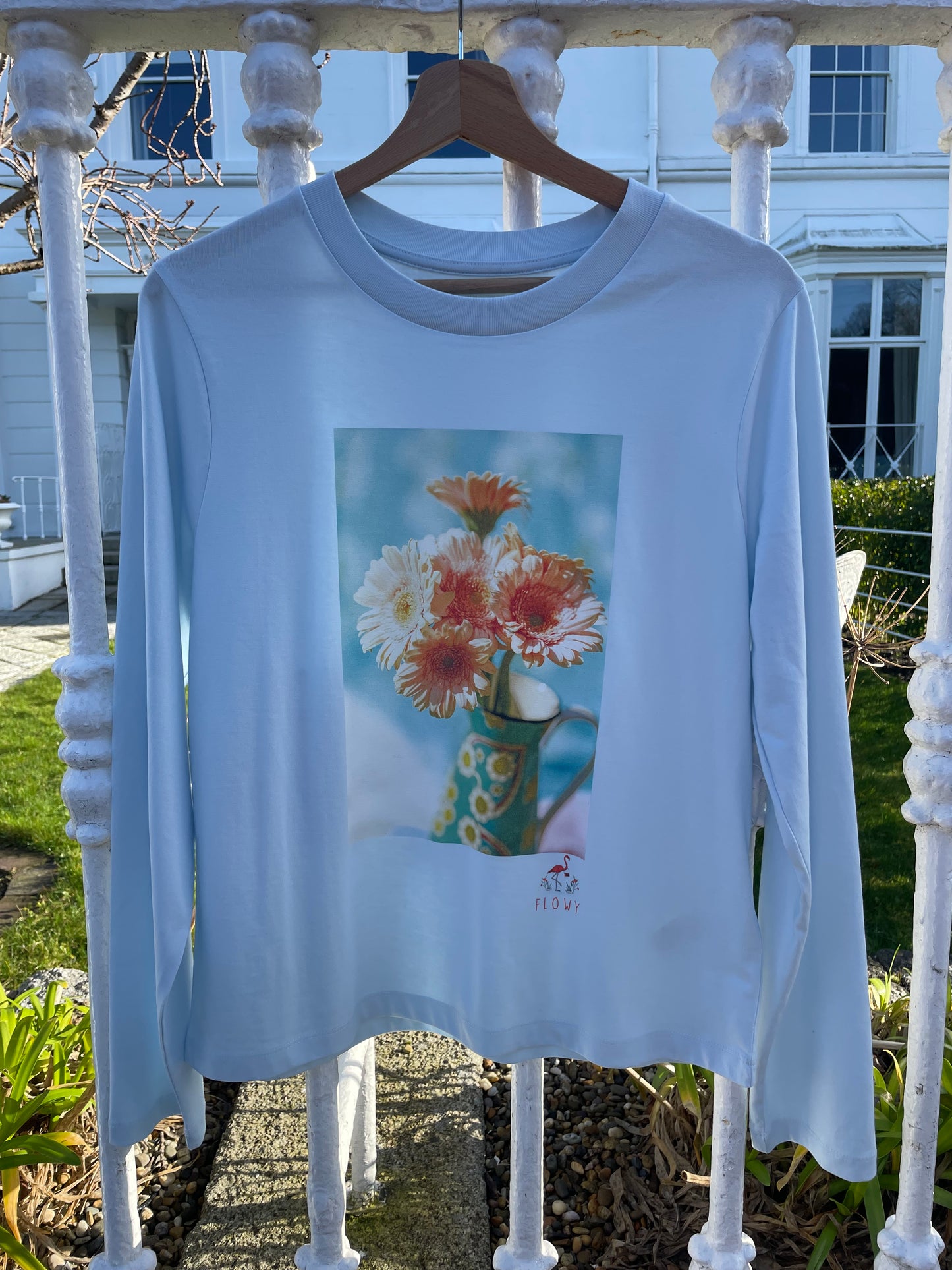 Orange Dahlias - long sleeved T-shirt - Blue Ice