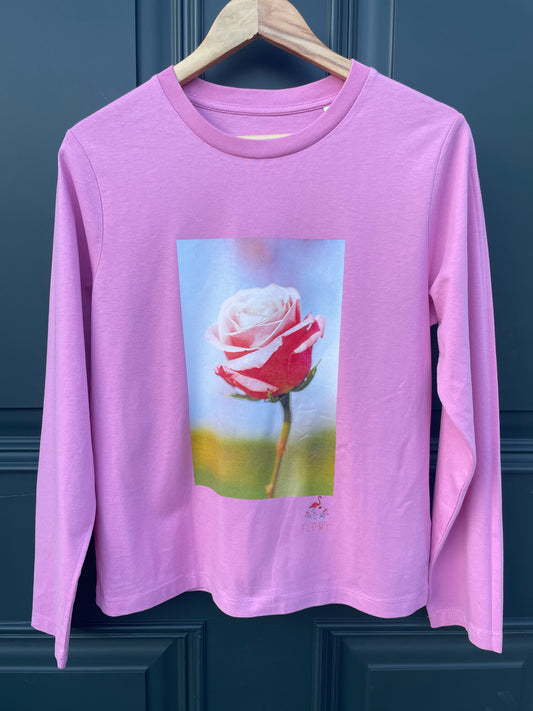 Pink and White Rose - long sleeved T-shirt - Bubble Pink