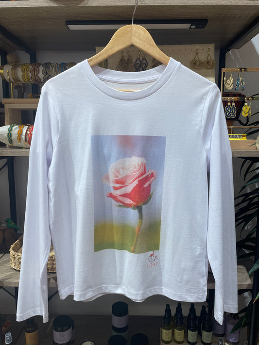 Pink and White Rose - long sleeved T-shirt - White