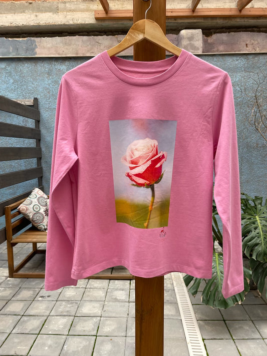 Pink and White Rose - long sleeved T-shirt - Bubble Pink