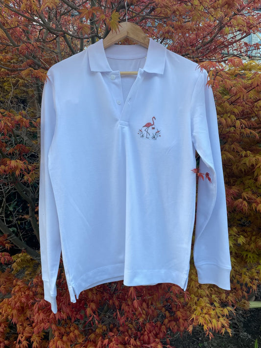Long Sleeve Polo: White -  mid-light