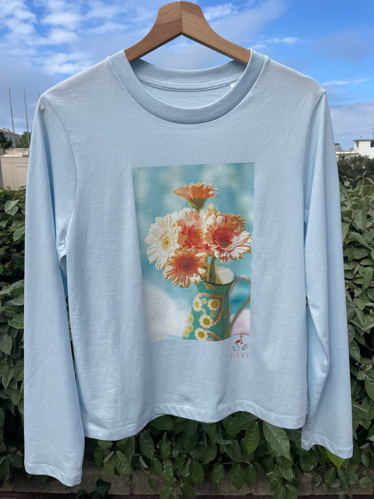 Orange Dahlias - long sleeved T-shirt - Blue Ice